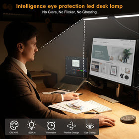 Pzloz lamp with 180-degree swing arms adapts to desk angles.
