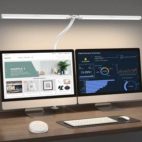 Pzloz LED desk lamp dual-head with clamp for versatile desk lighting and space-saving setup.
