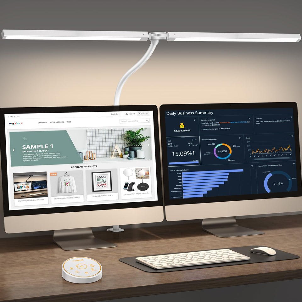 Pzloz LED desk lamp dual-head with clamp for versatile desk lighting and space-saving setup.