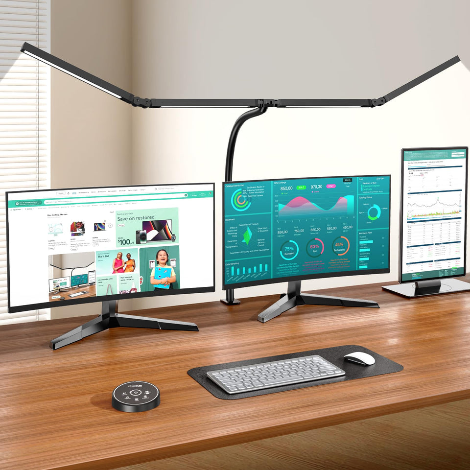 Pzloz LED desk lamp with four rotating heads for versatile task lighting.