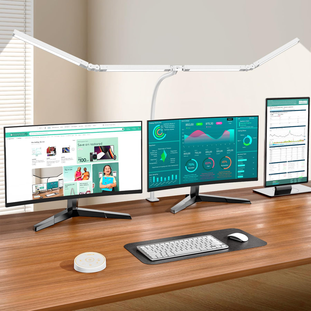 Pzloz four-head LED desk lamp provides wide, versatile task lighting.