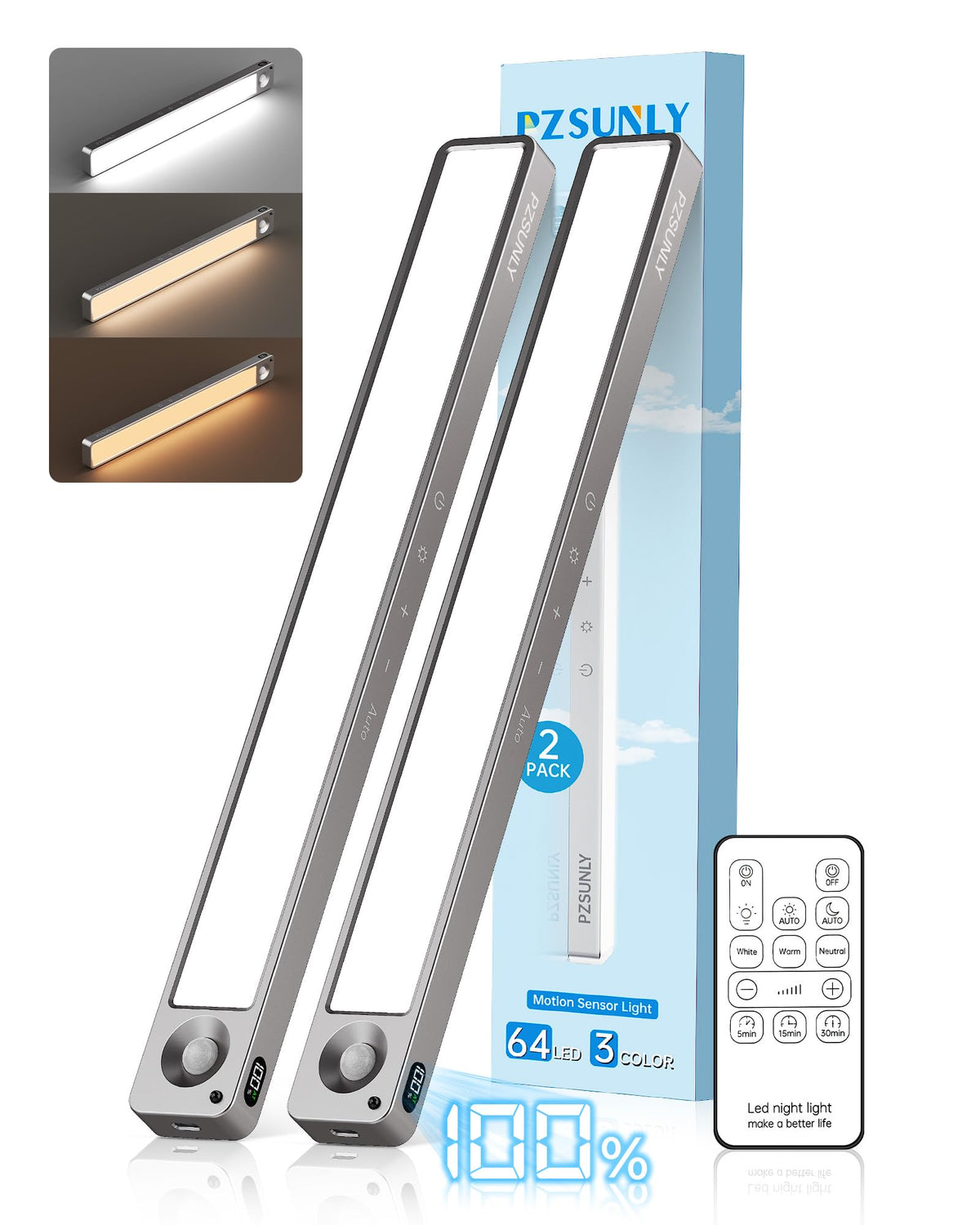 PZSUNLY 14.2-inch under-cabinet light displaying battery level for easy charging.