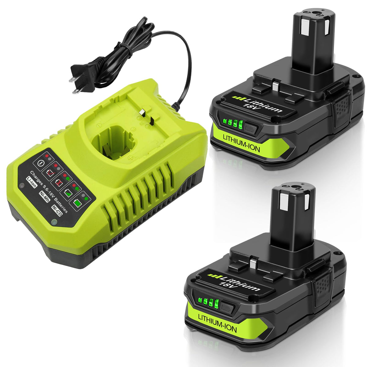 QANAVIROX two 18V batteries powering Ryobi ONE+ tools.