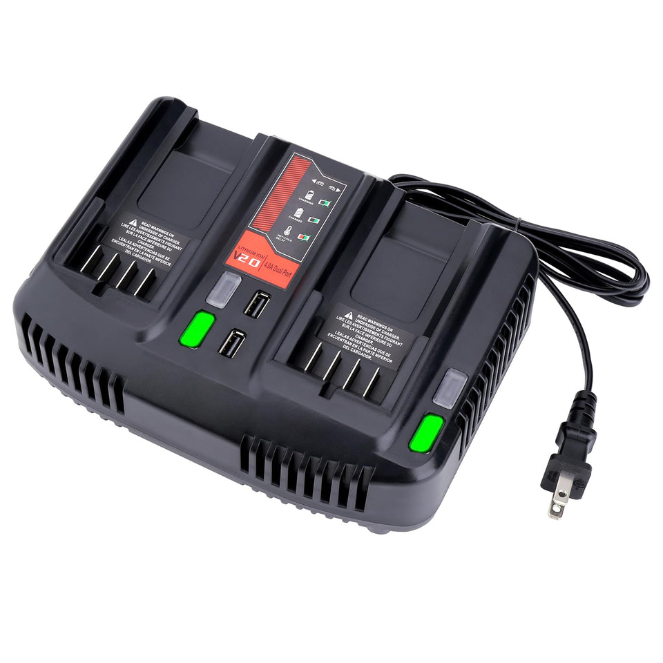 Qbmel CMCB124 dual-port charger front view powers two 20V batteries.