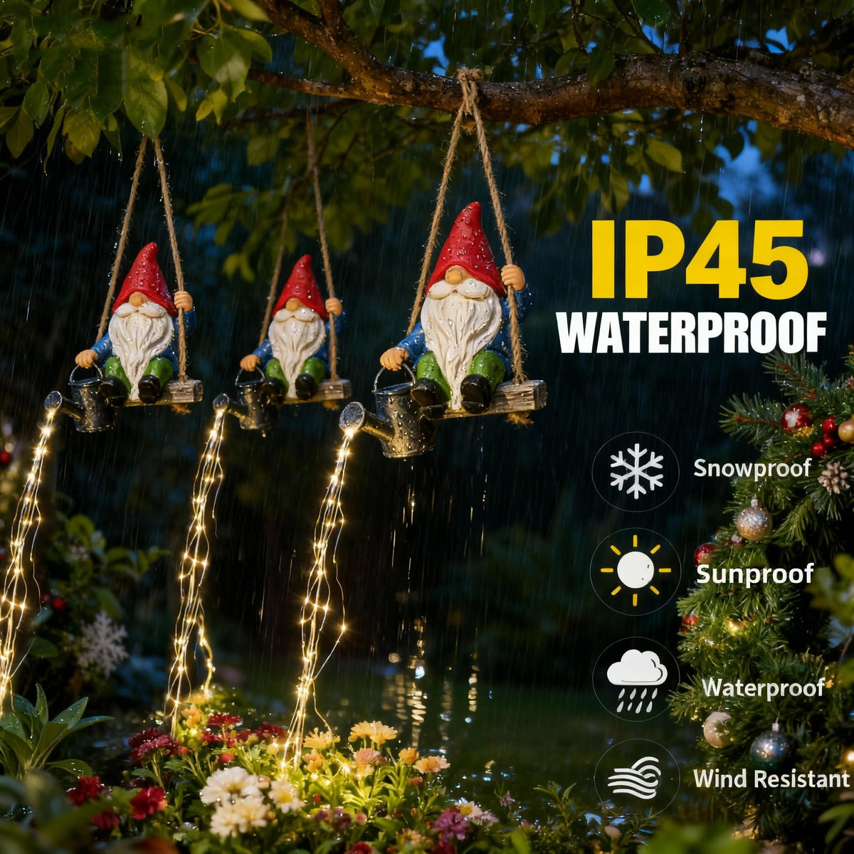 QCF garden decor hangs on trees for Christmas and patios for gatherings.
