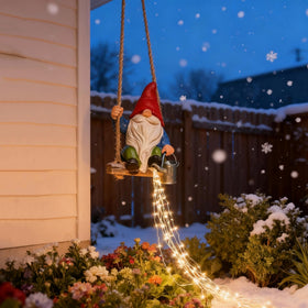 QCF swing gnome LED feature creates whimsical nights on patio or balcony.