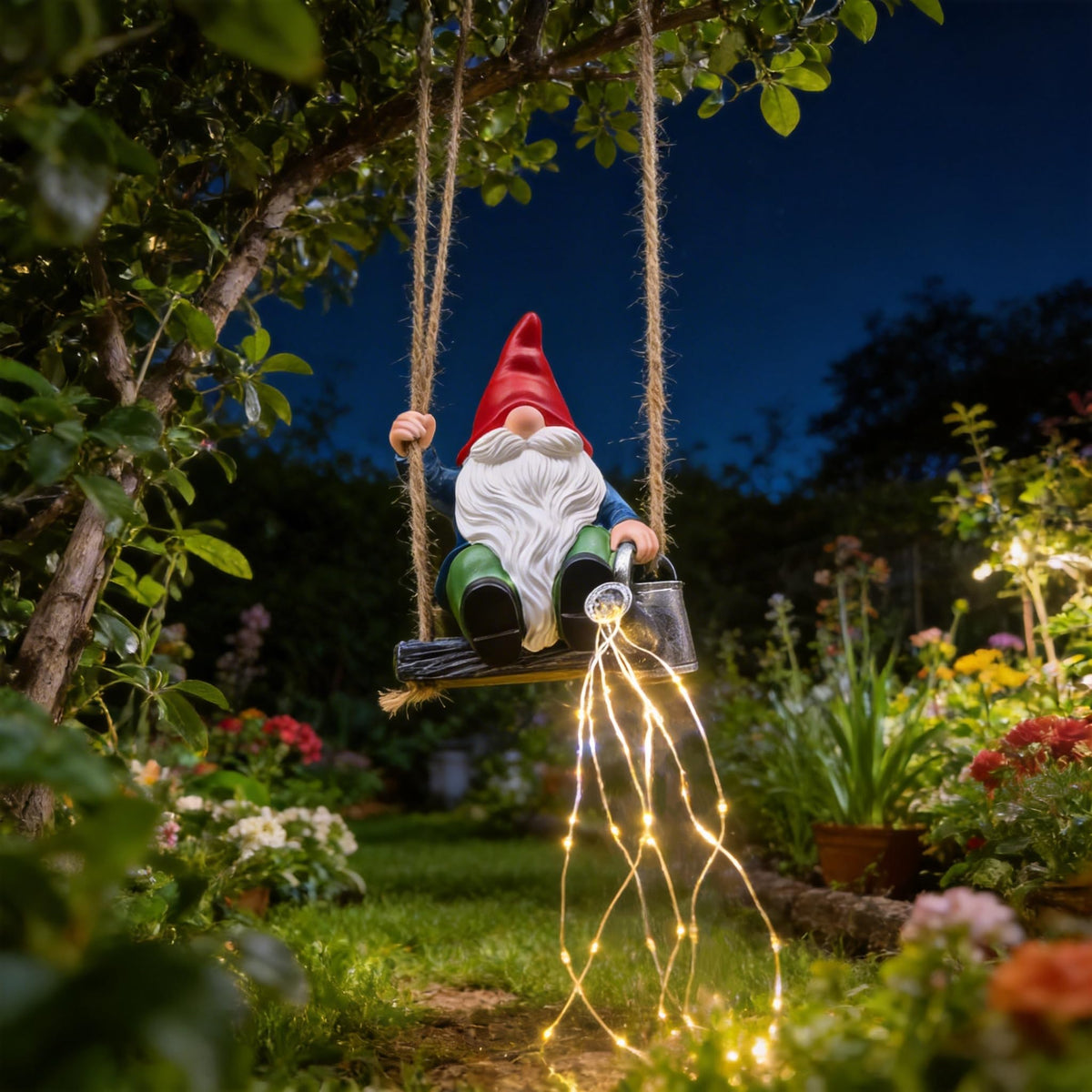 QCF gnome watering-can light with cascading LEDs for warm yard atmosphere.