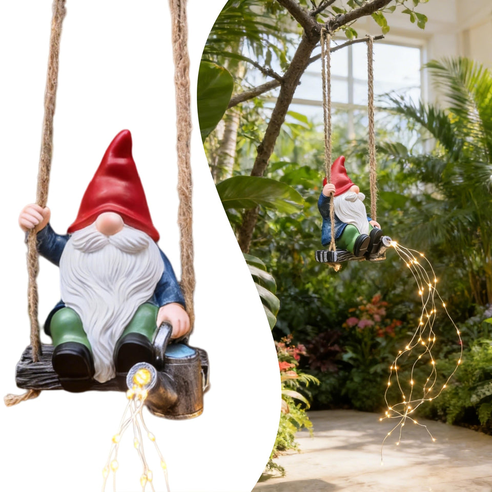 QCF hanging garden gnome statue swinging with glowing cascade lights for outdoor charm.