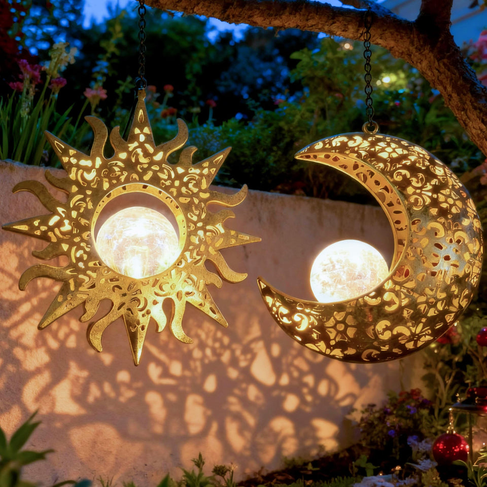 QCF solar hanging sun lamp outdoors for a welcoming garden glow