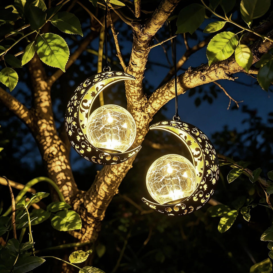 QCF solar moon lanterns 2-pack hanging for warm outdoor ambience