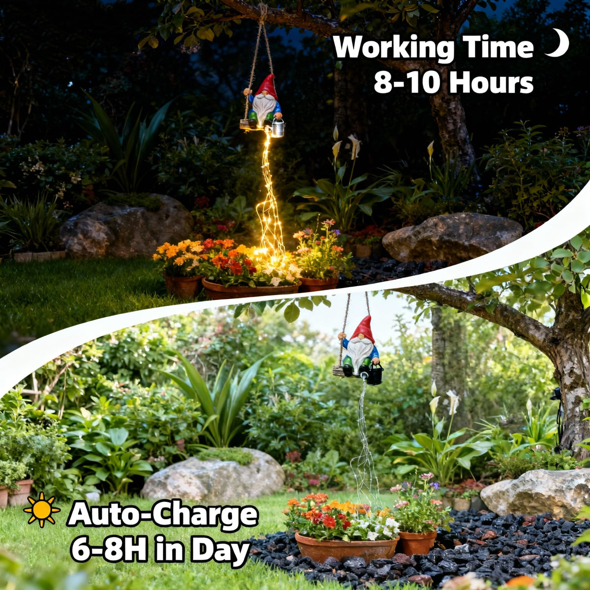 QCF solar panel back design powers warm LEDs for evenings.