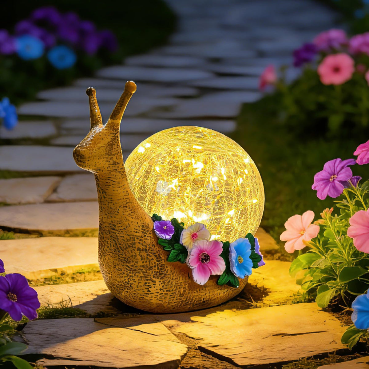QCF Solar Snail statue with cracked glass globe, warm outdoor glow for garden decor