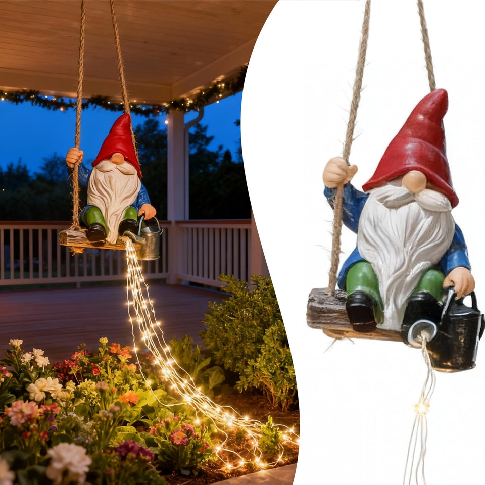 QCF watering can solar lights garden gnome on a swing adds festive outdoor charm.