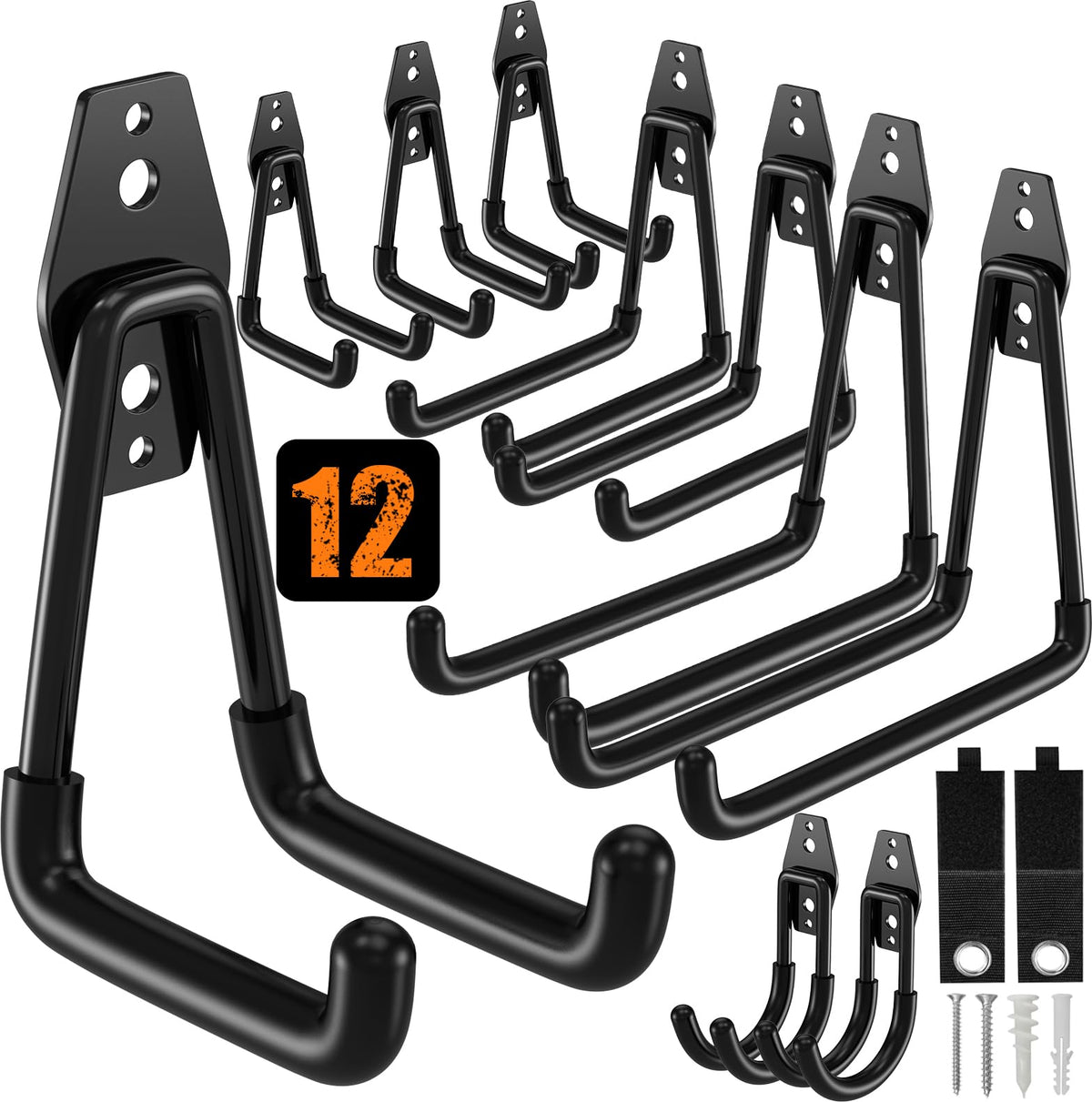 QcoQce garage hooks 12-pack organized wall storage for tools and hoses.