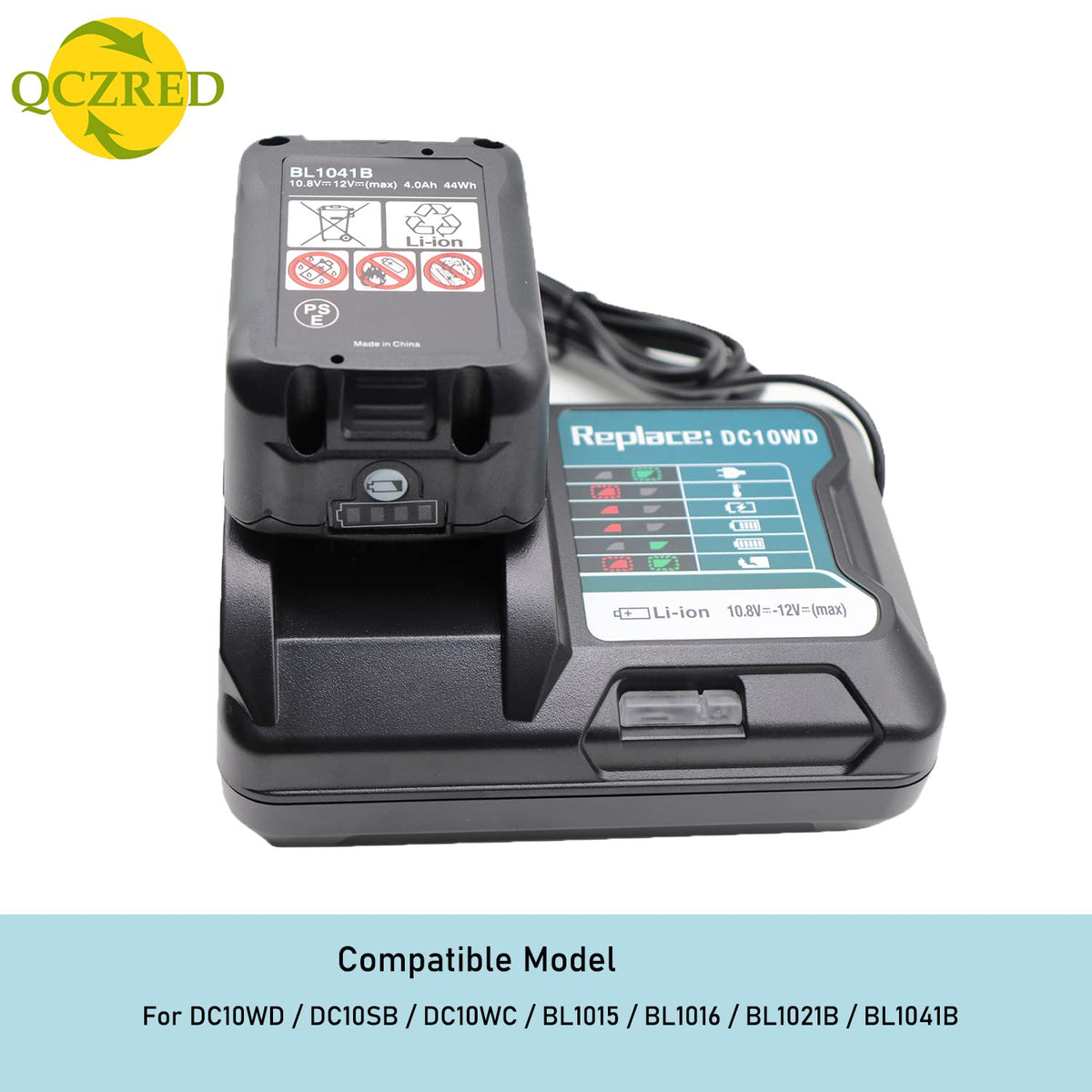QCZRED DC10WD charger compatible with BL1041B for versatile Makita packs.