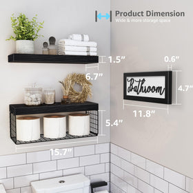 QEEIG set with floating shelves, metal basket, and decorative sign for rustic storage.