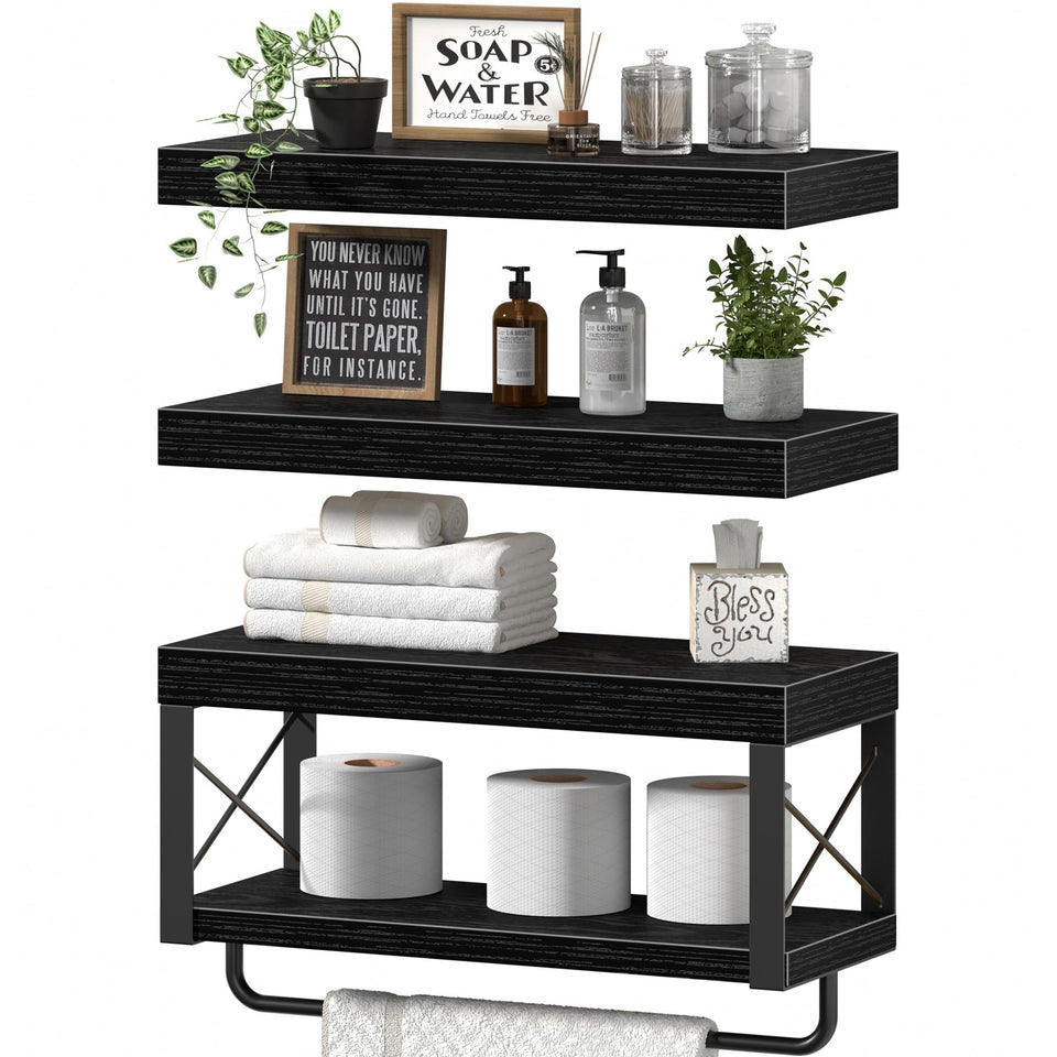 QEEIG bathroom shelves over toilet in black, front view, space-saving storage for towels and toilet paper.