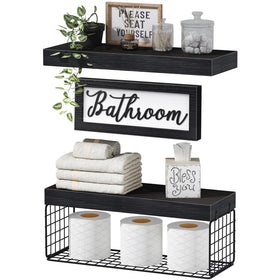 QEEIG bathroom over-toilet shelves with metal basket for organized storage.