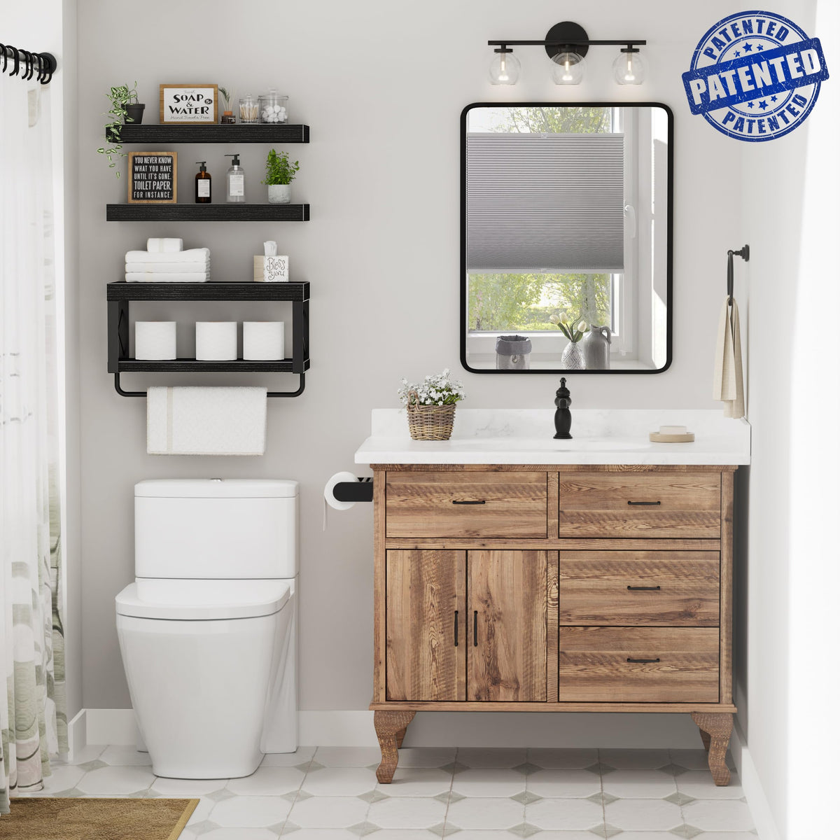QEEIG floating shelves with steel brackets, close-up, sturdy support for daily bathroom essentials.