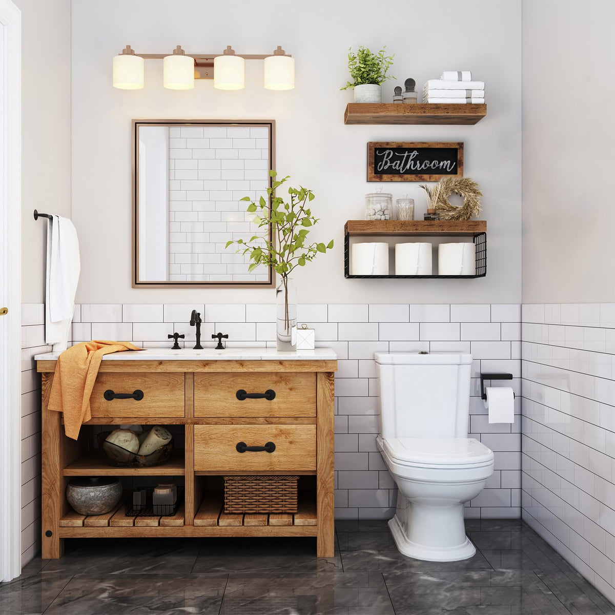 QEEIG floating shelves in rustic brown offer towel and decor storage.