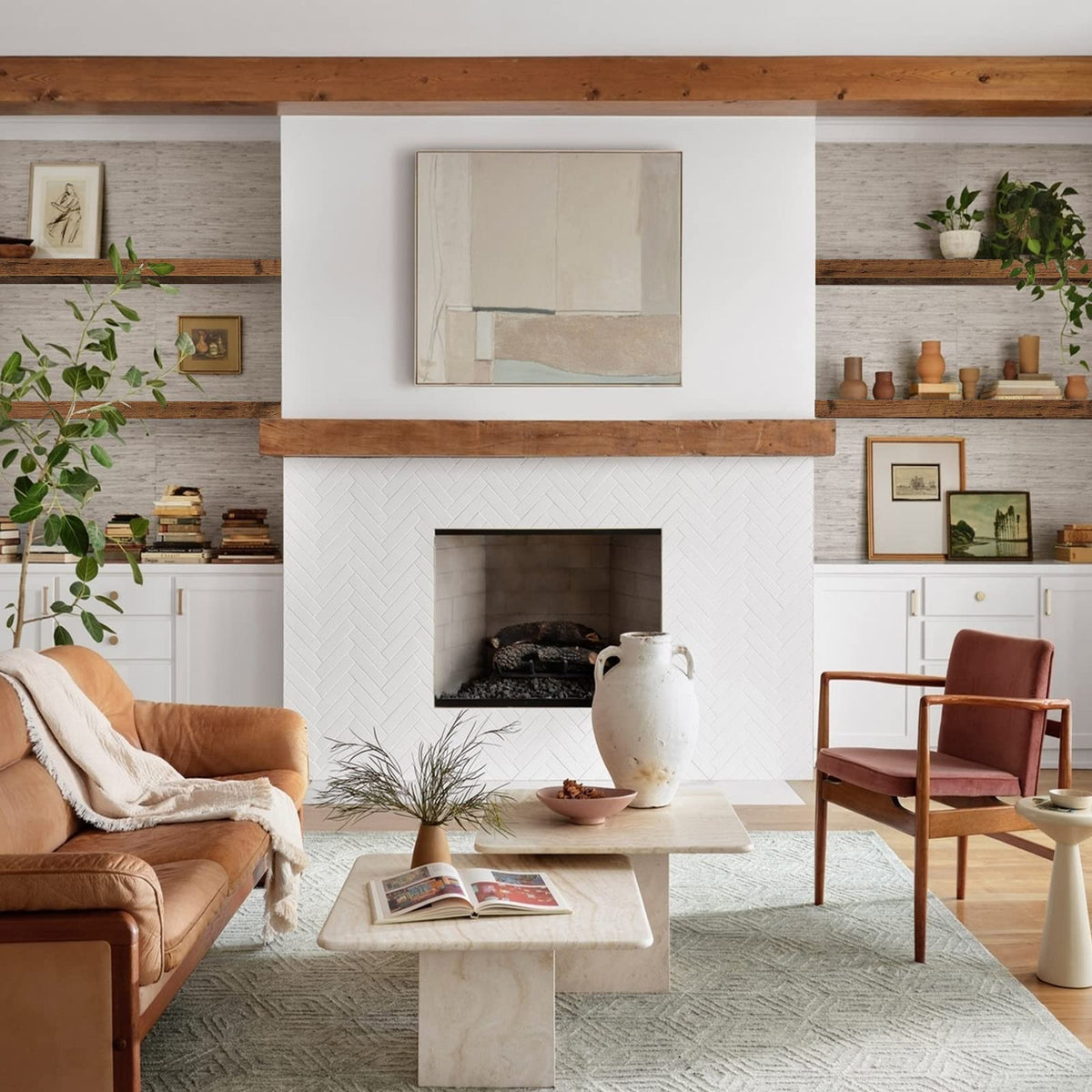 QEEIG living room display shelves holding books and small plants