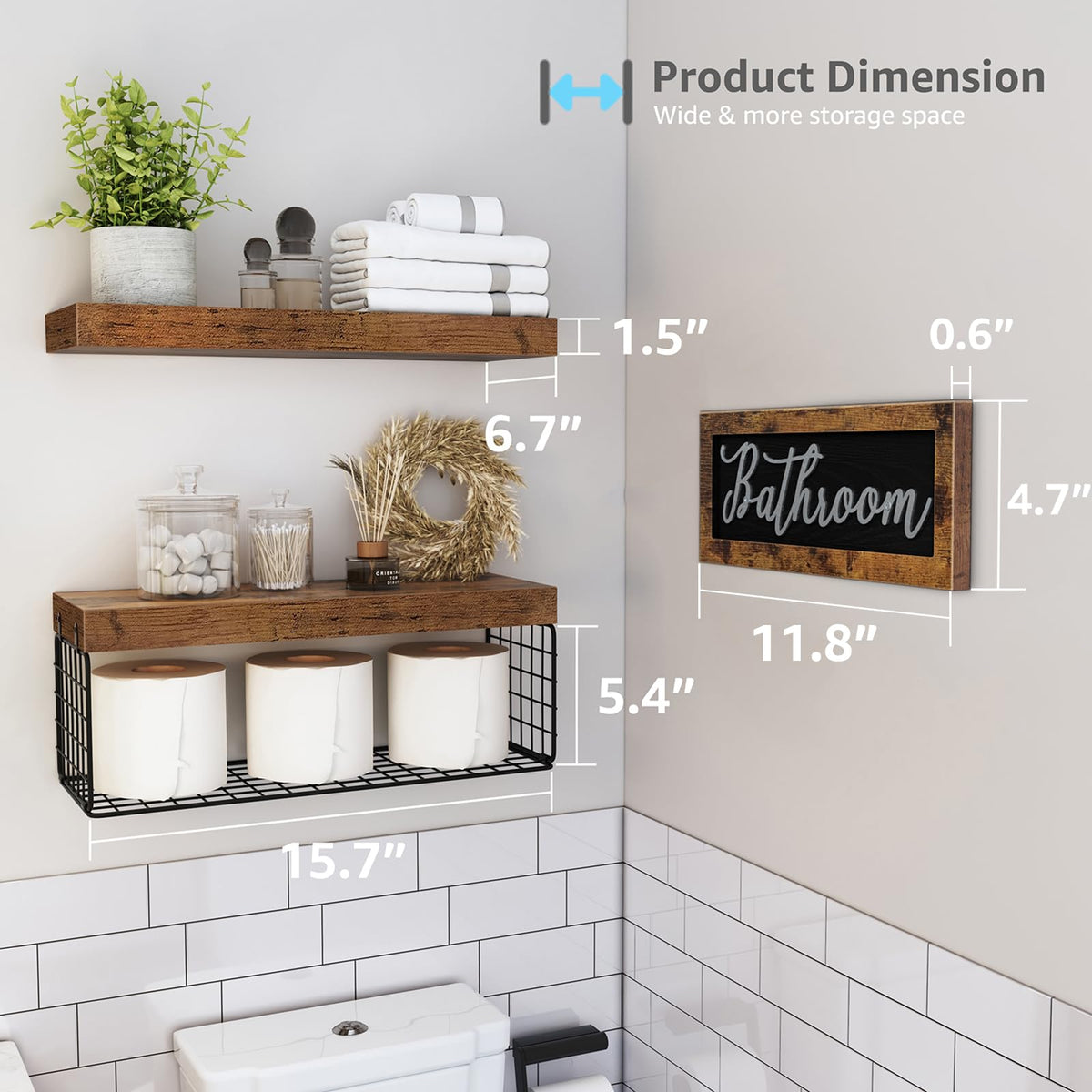 QEEIG 16-inch wall shelves with basket provide toilet paper storage.