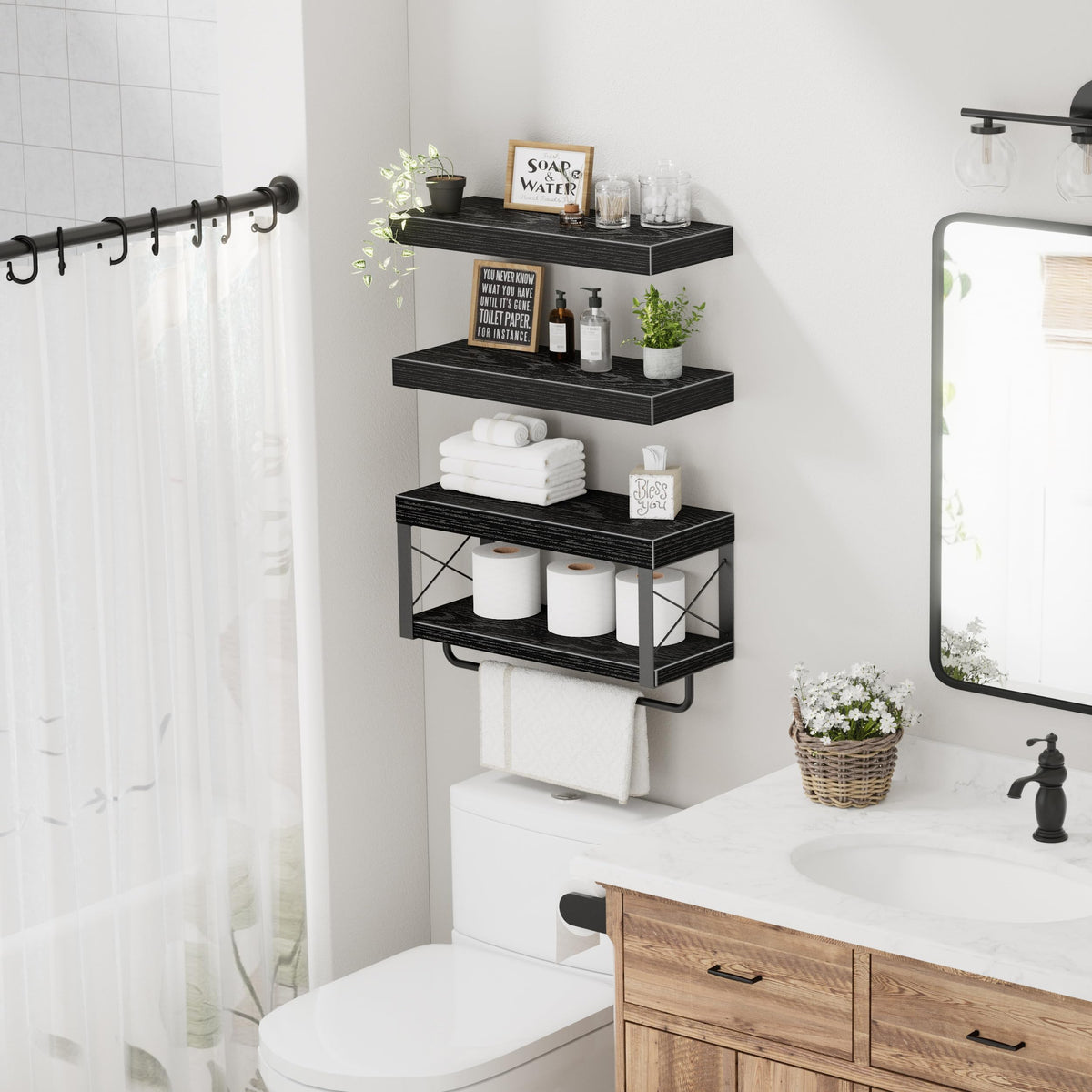 QEEIG 15.7-inch wide shelf holds 3–4 toilet paper rolls, reducing clutter.