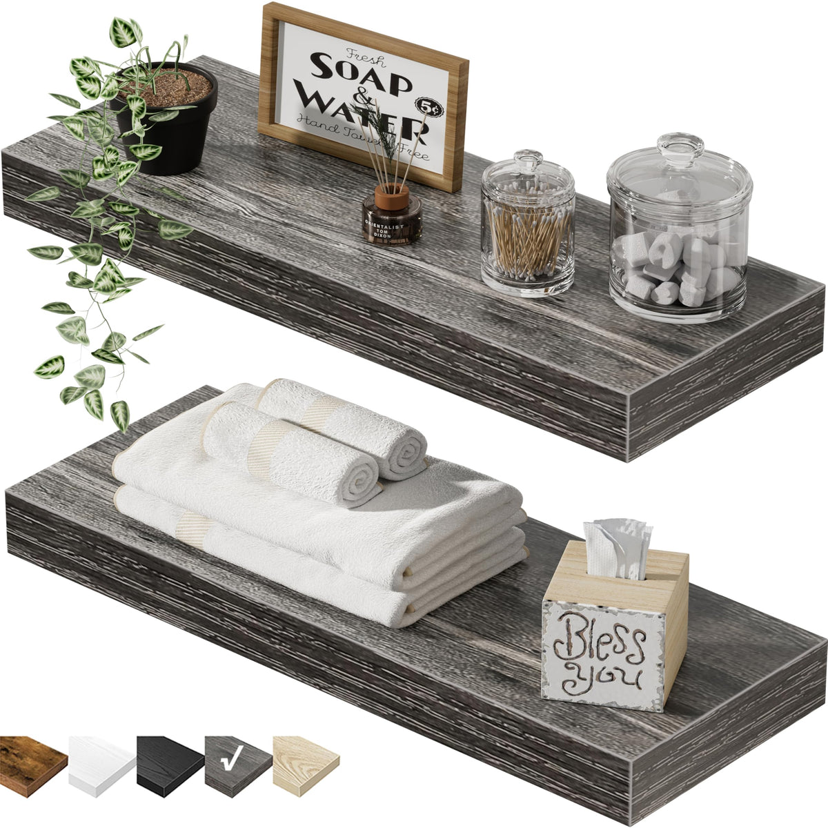 QEEIG bathroom floating shelves over toilet grey, ideal for towels and decor.