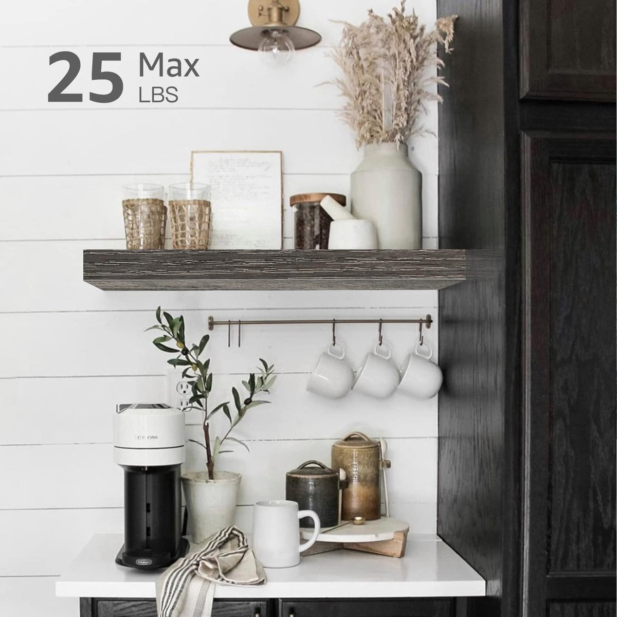 QEEIG grey floating shelves with decor items create farmhouse charm.