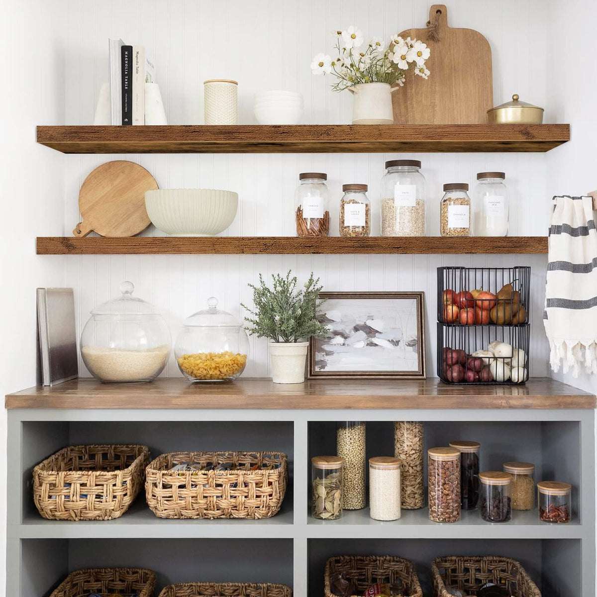 QEEIG floating shelves with invisible brackets create a clean rustic look.