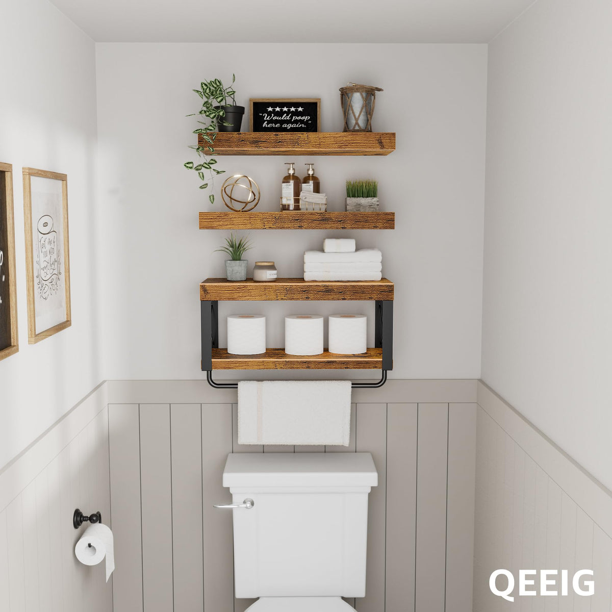 QEEIG shelves hold toilet paper rolls and essentials up to 25 lbs