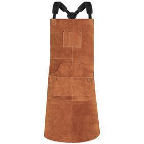 QeeLink leather welding apron provides full-body coverage for hot work.