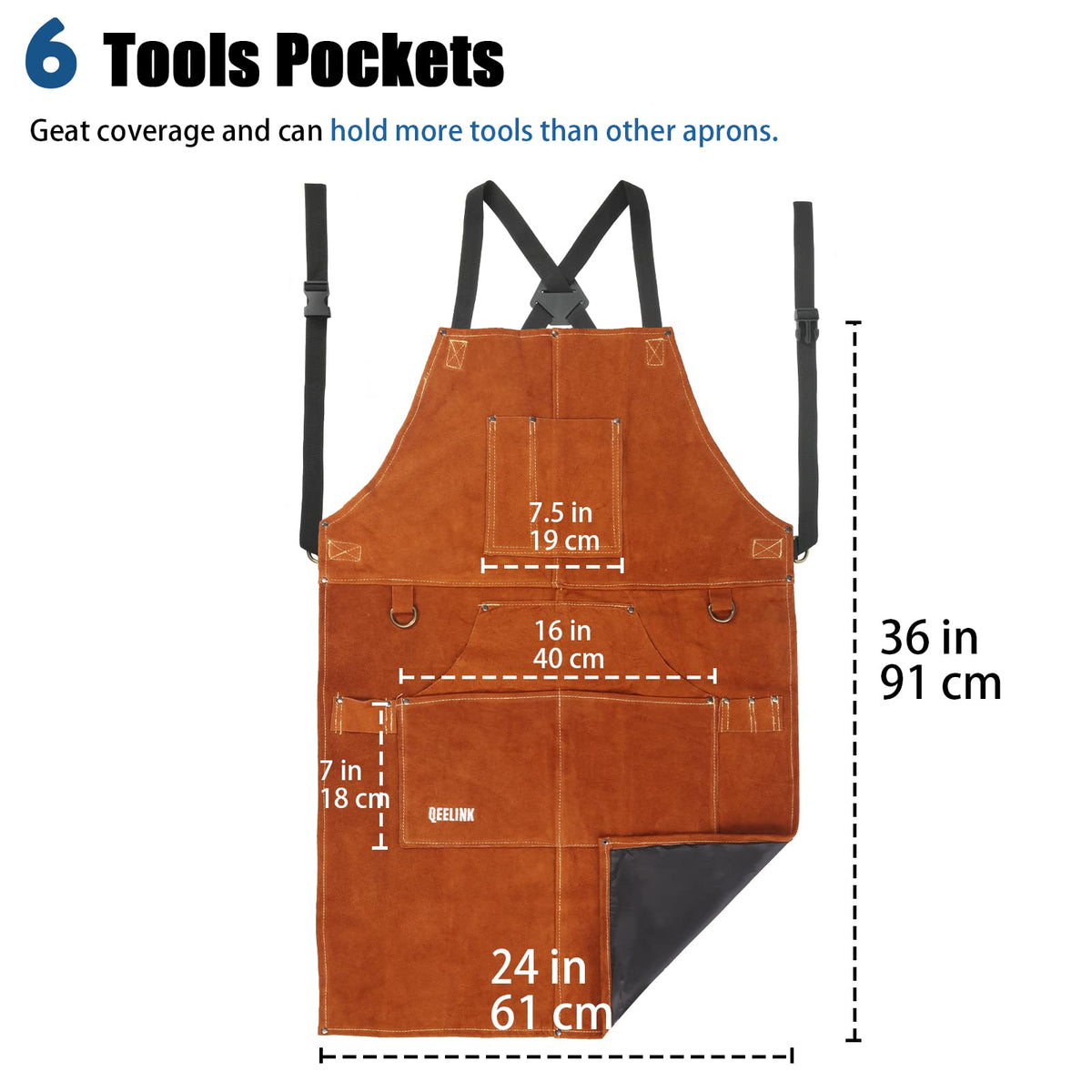 QeeLink leather welding apron shows six pockets for organized workflow.