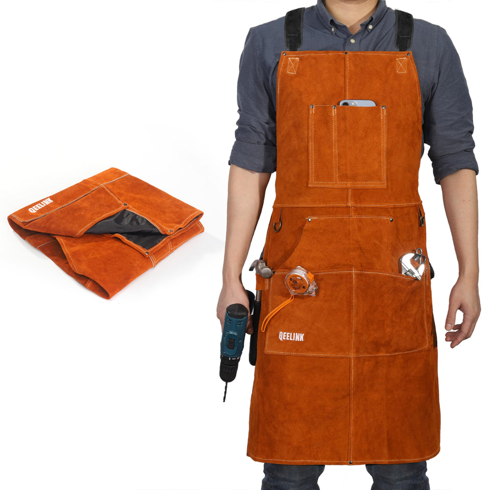 QeeLink leather welding apron with full coverage protection for shop tasks.