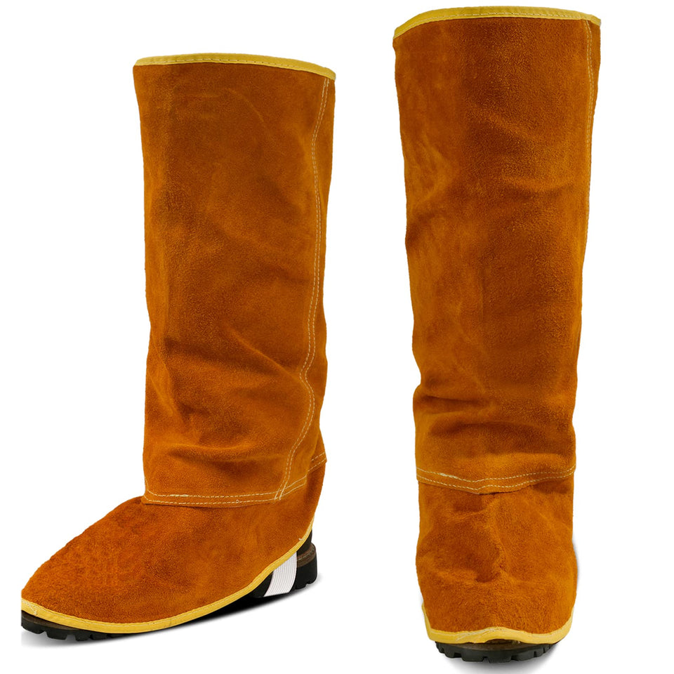 QeeLink leather welding spats close-up edges reveal heat-resistant seams for durable protection.