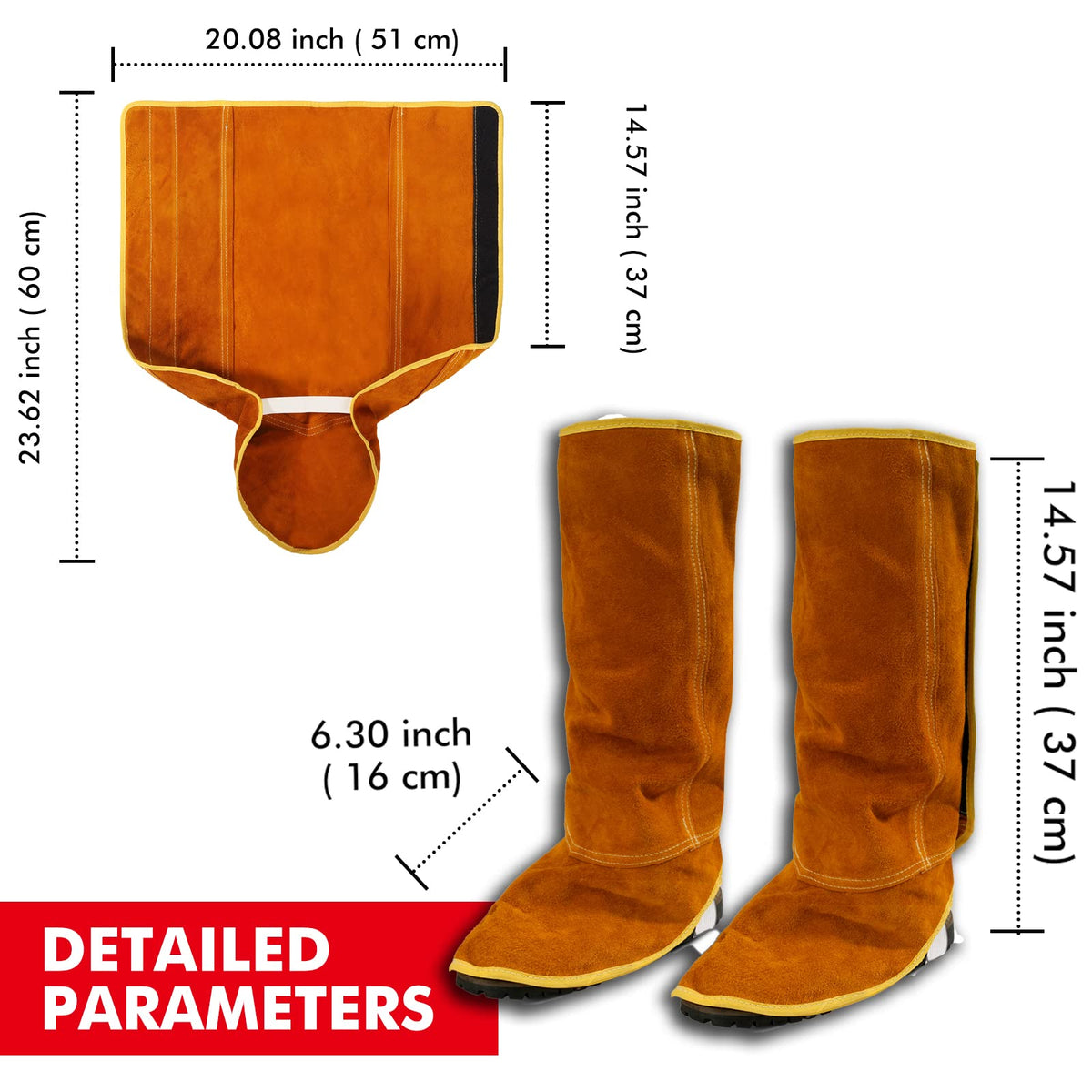 QeeLink leather welding spats on boot demonstrate full coverage and secure fit during work.