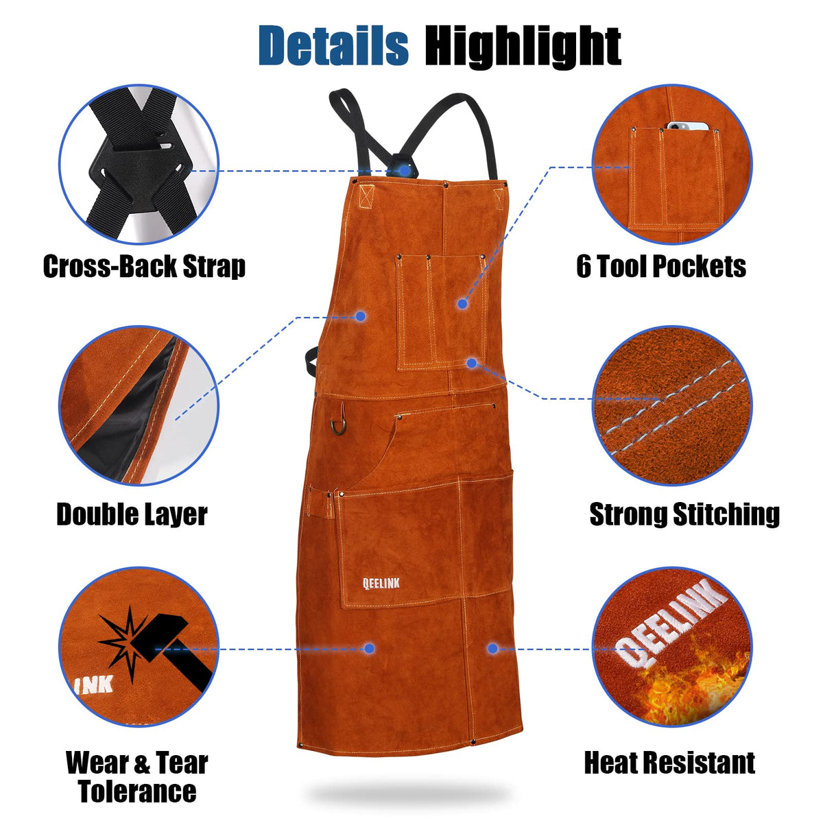 QeeLink heat-resistant cowhide apron designed for heavy workshop use.