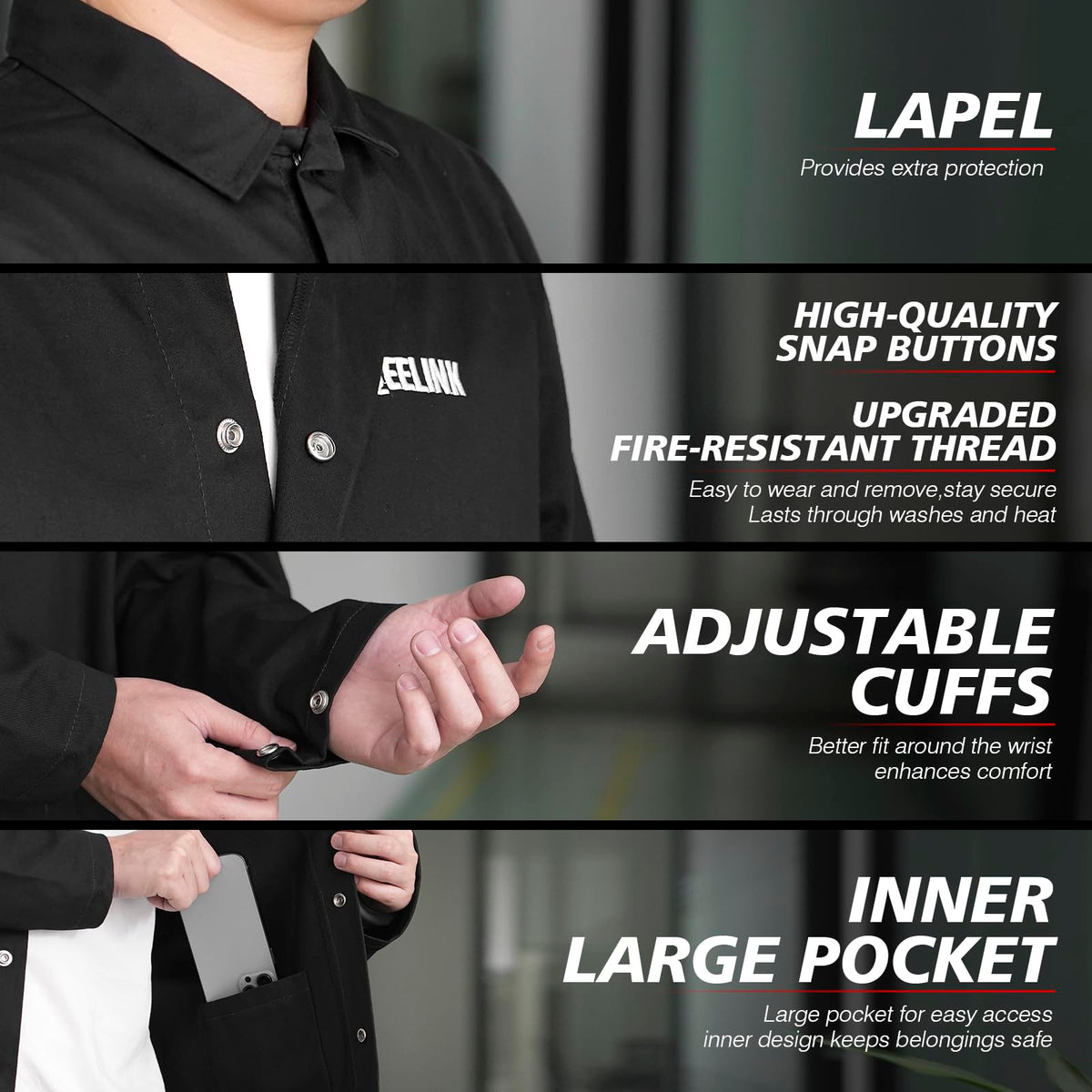 QeeLink welding jacket uses anti-static tech for safer handling during work.