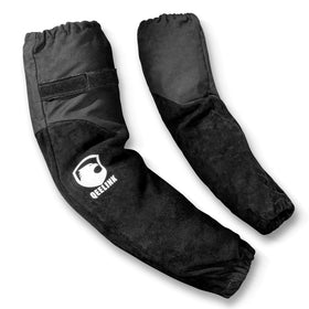QeeLink welding sleeve outer view shows heat-resistant cowhide and Kevlar stitching for flame protection