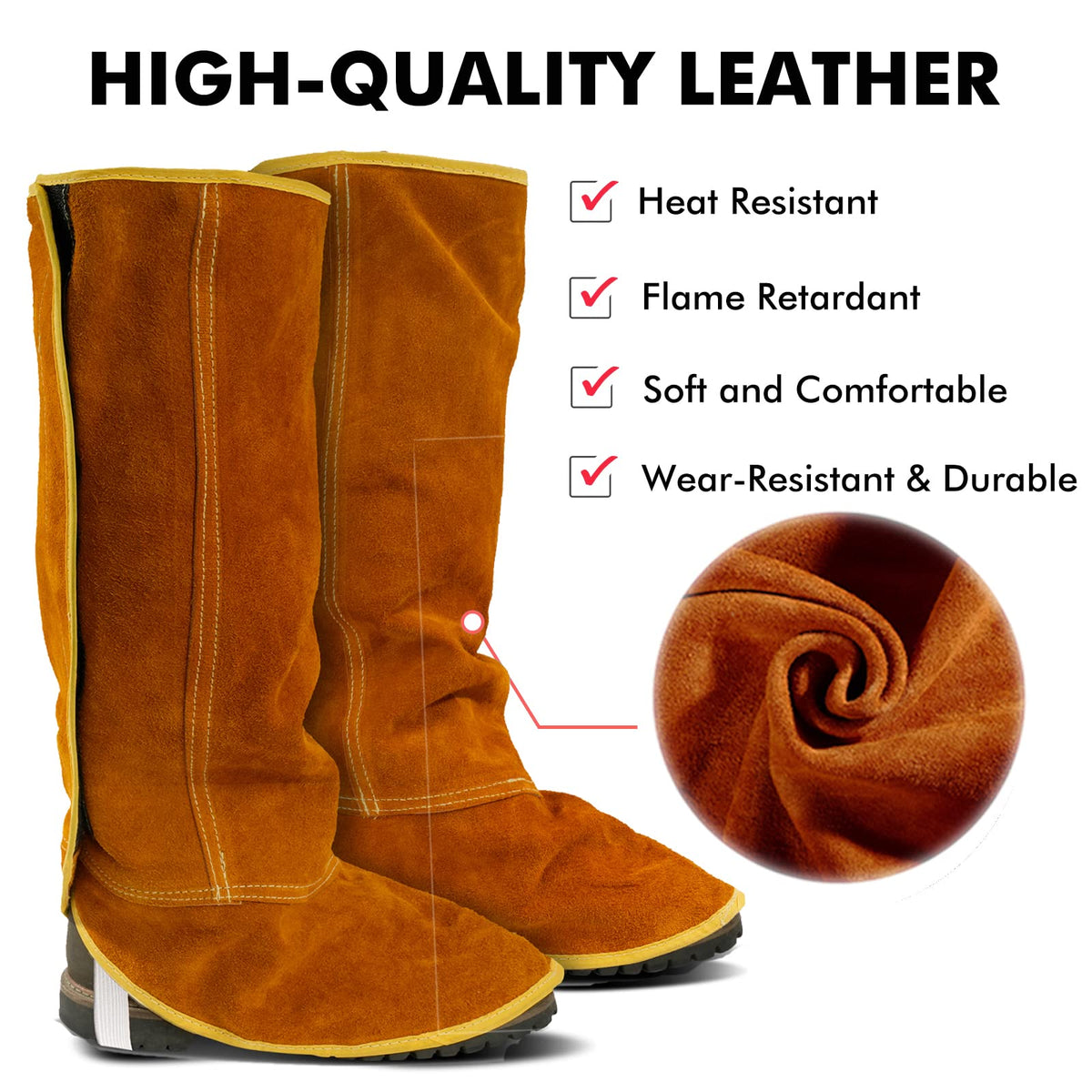 QeeLink welding spats provide full-coverage protection for shoes during heavy metalwork tasks.