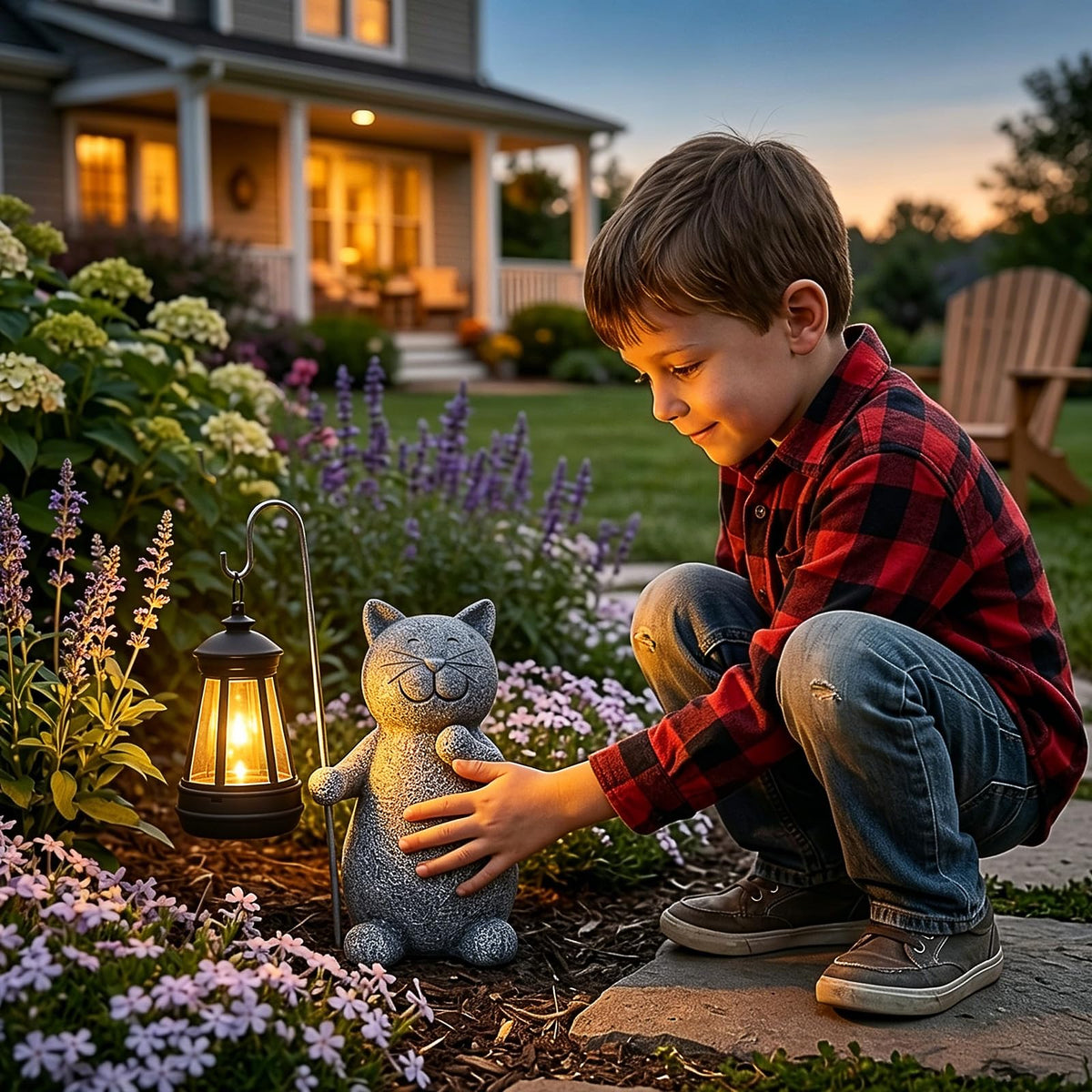 Qeeman Patio Garden Cat Statue enhances yards with soft light after sunset