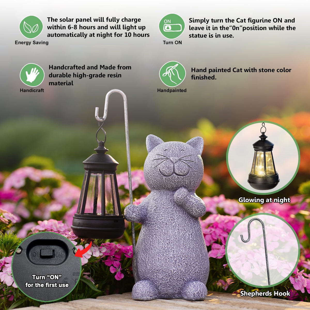 Qeeman Yard Pathway Cat Sculpture guides paths with subtle illumination