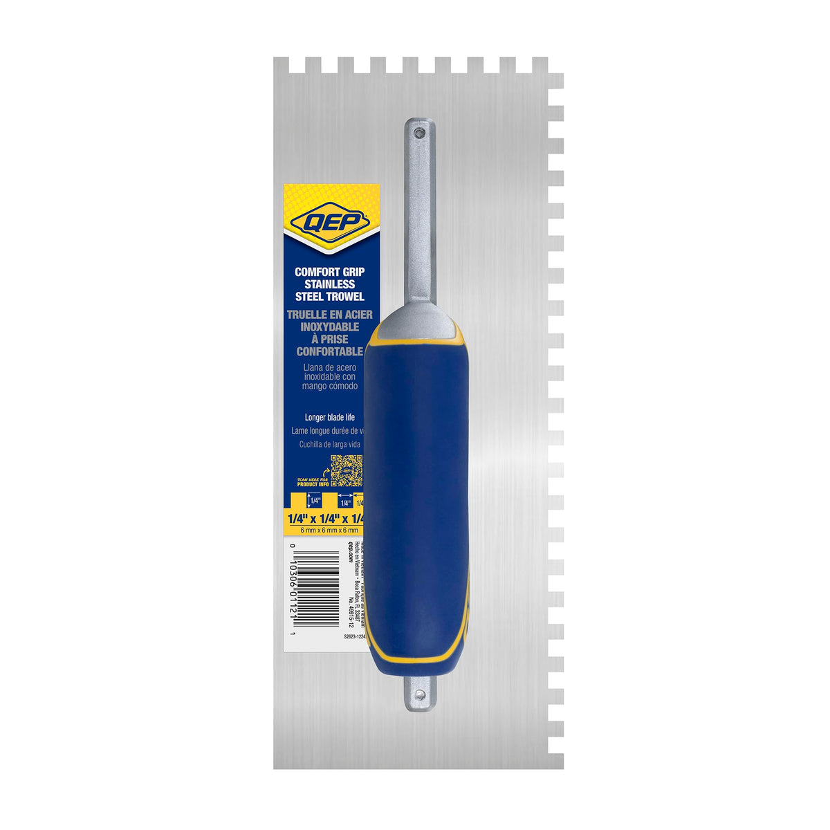 QEP Comfort Grip trowel shank offers longer reach with nine rivets for strength.