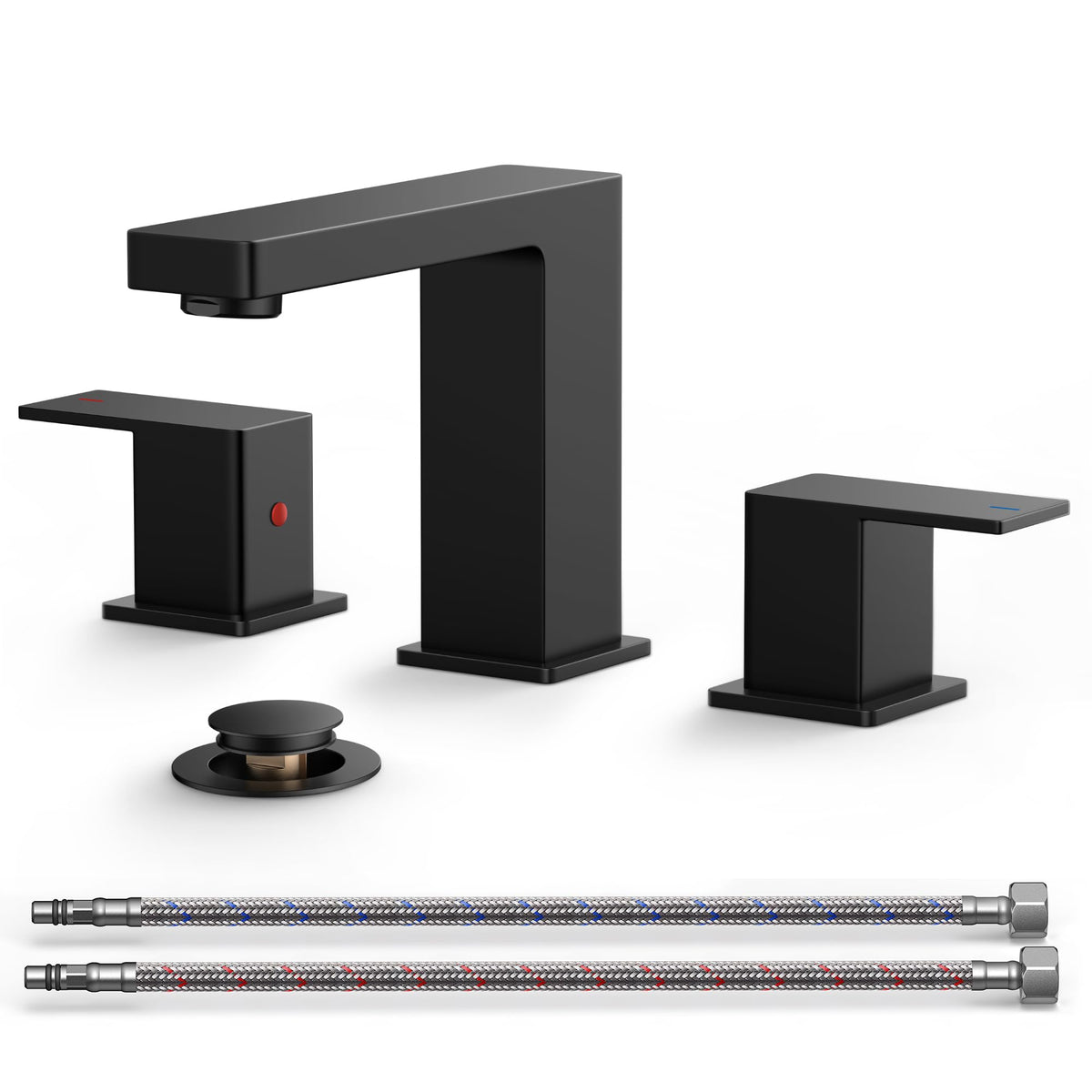 QFN bathroom faucet 3-hole front view in matte black, stylish and durable.