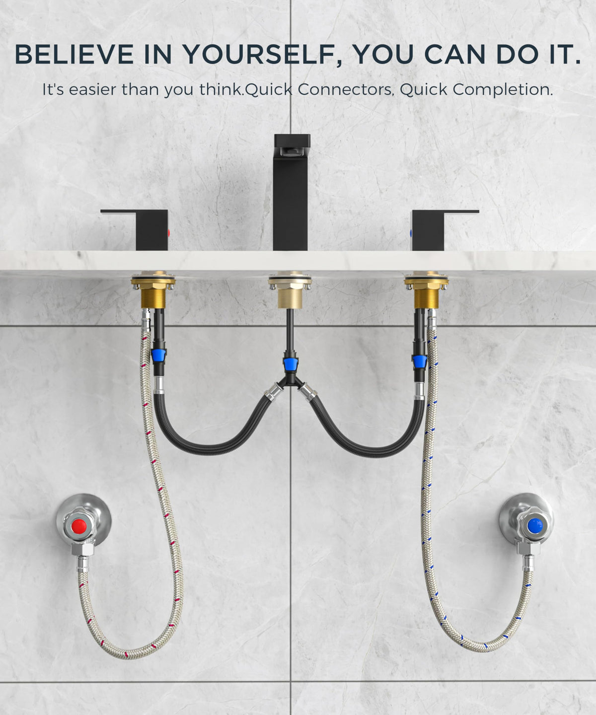 QFN faucet box contents showing complete installation kit for 4 to 12 inch centers.