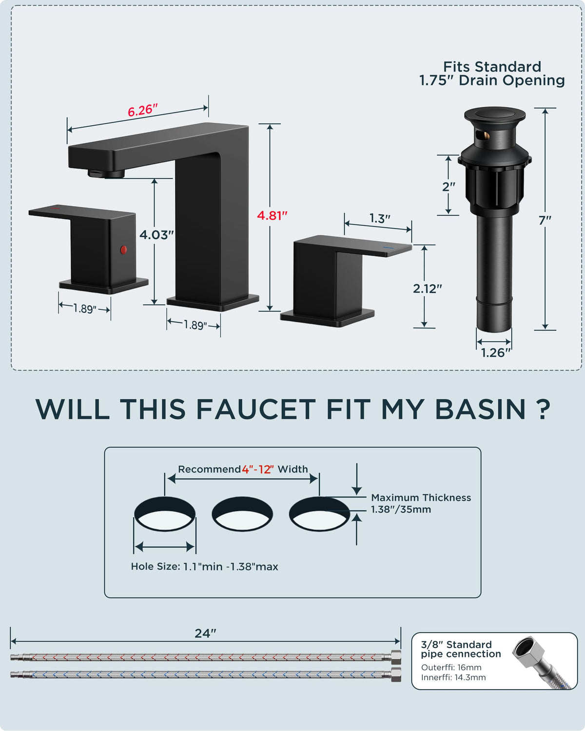 QFN matte black faucet spout tilted to reduce splash and improve reach.