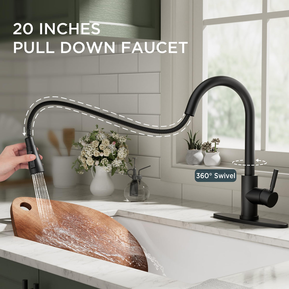 QFN high-arc faucet with 360° swivel for deep pots and wide access