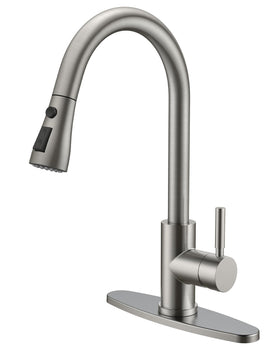 QFN kitchen faucet pull-down brushed nickel design shows flexible reach at the sink
