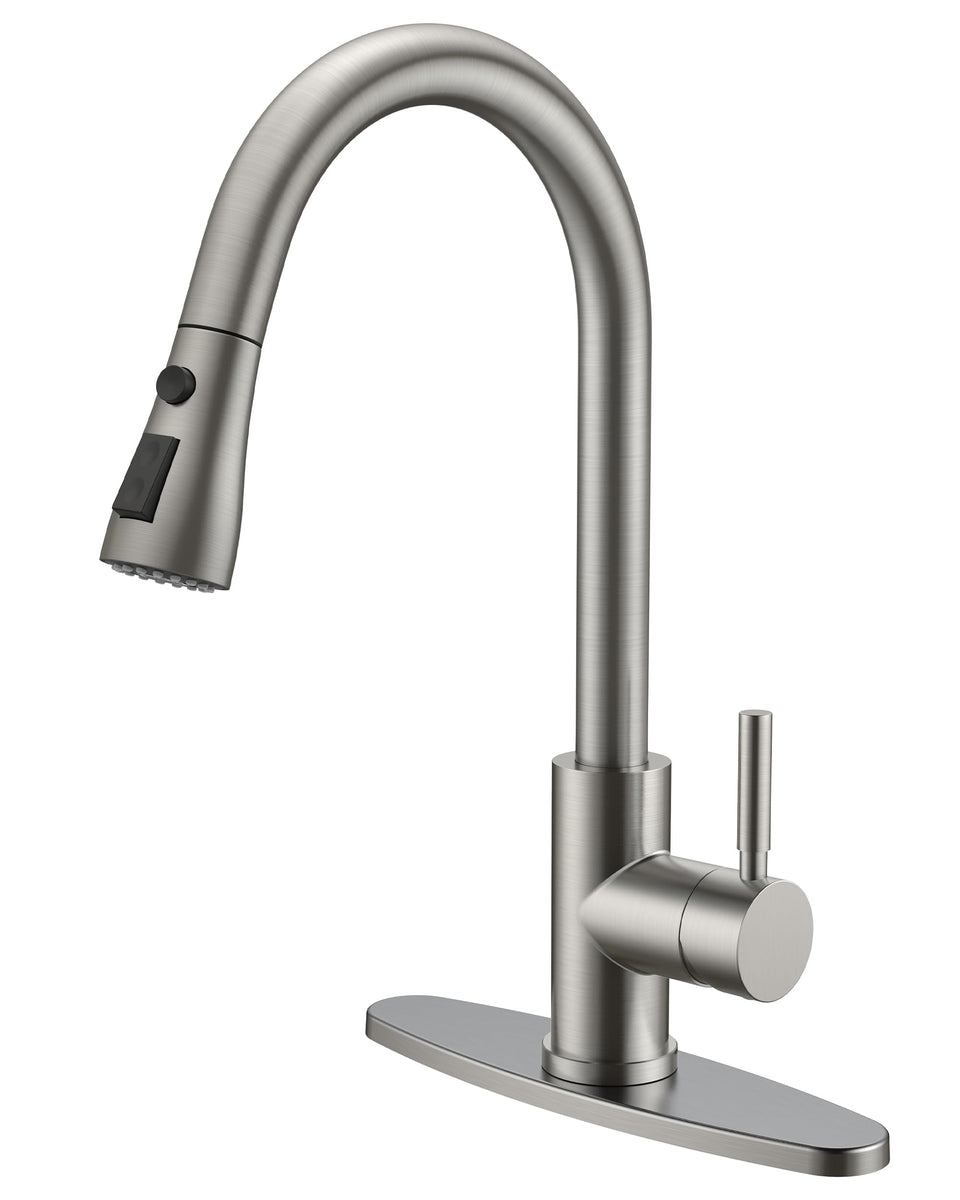 QFN kitchen faucet pull-down brushed nickel design shows flexible reach at the sink