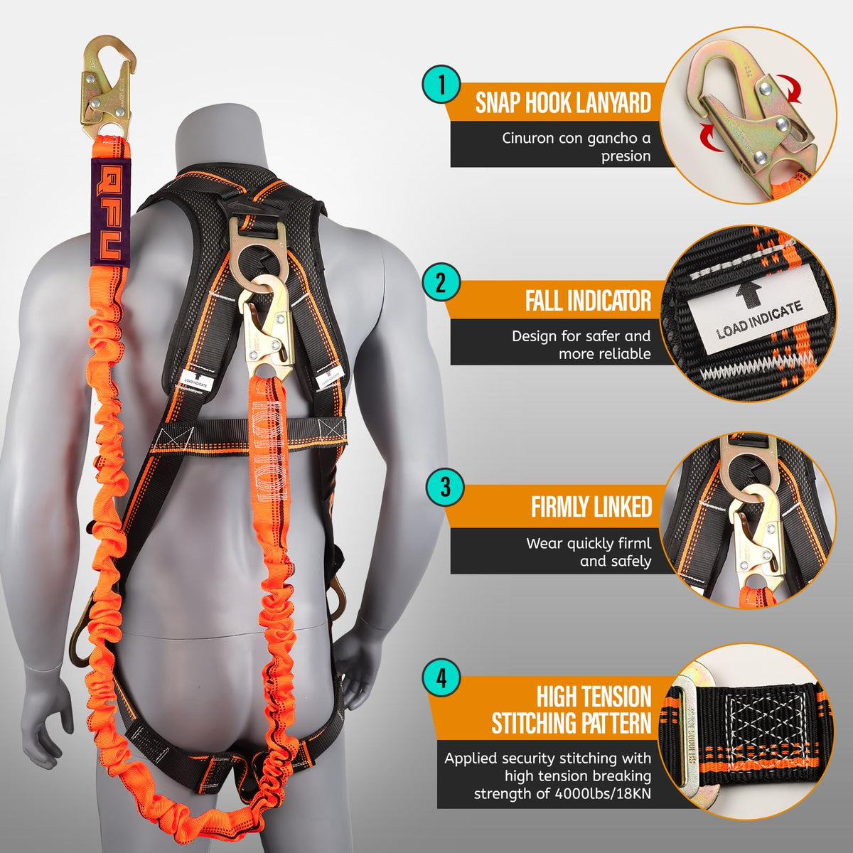 QFU chest D-ring rescue point for rapid high-angle rescues.